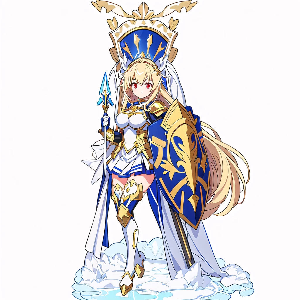 Highest quality, high resolution, High quality game art style, Official Art, whole body, Smooth game CG art, Cute 3D anime girl render, Visual Novel Sprites, White background, whole body, Smooth anime CG art, humanoid woman, JRPG Characters, A woman in a white dress and blue armor holding a spear, Anime Goddess,Opal Armor, White feathered helmet,An intricately designed shield,Armor Girl, Exquisite white and gold armor,Golden Hair Anime Girl, Red eyes, Thin legs. long hair, Rin々Lady Knight,Large Bust,17 years old,