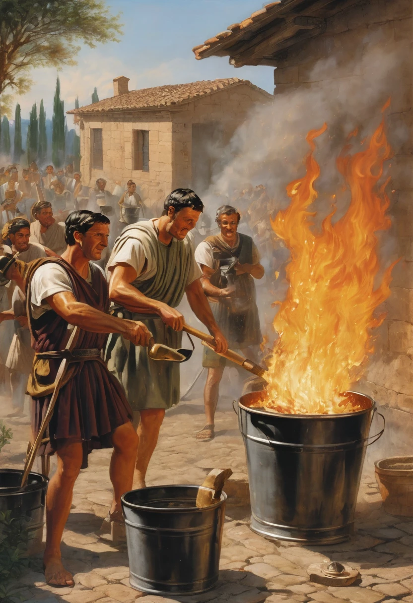 "A detailed image of Roman workers using buckets and tools to extinguish the flames as soon as the homeowner signs the contract. Crassus watches with a satisfied smile as the fire is being controlled."
Size: "1024x1024"