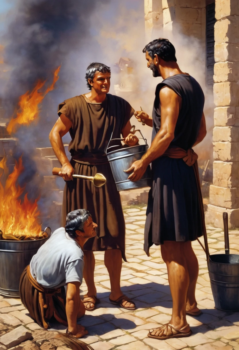 "A detailed image of Roman workers using buckets and tools to extinguish the flames as soon as the homeowner signs the contract. Crassus watches with a satisfied smile as the fire is being controlled."
Size: "1024x1024"