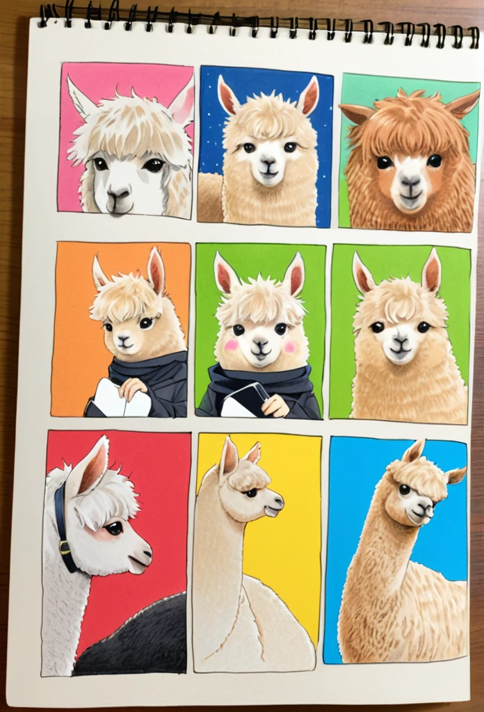 Alpaca Holding an Onigiri 、Art，ad，colour pencil drawing，draft drawing ，comic collage