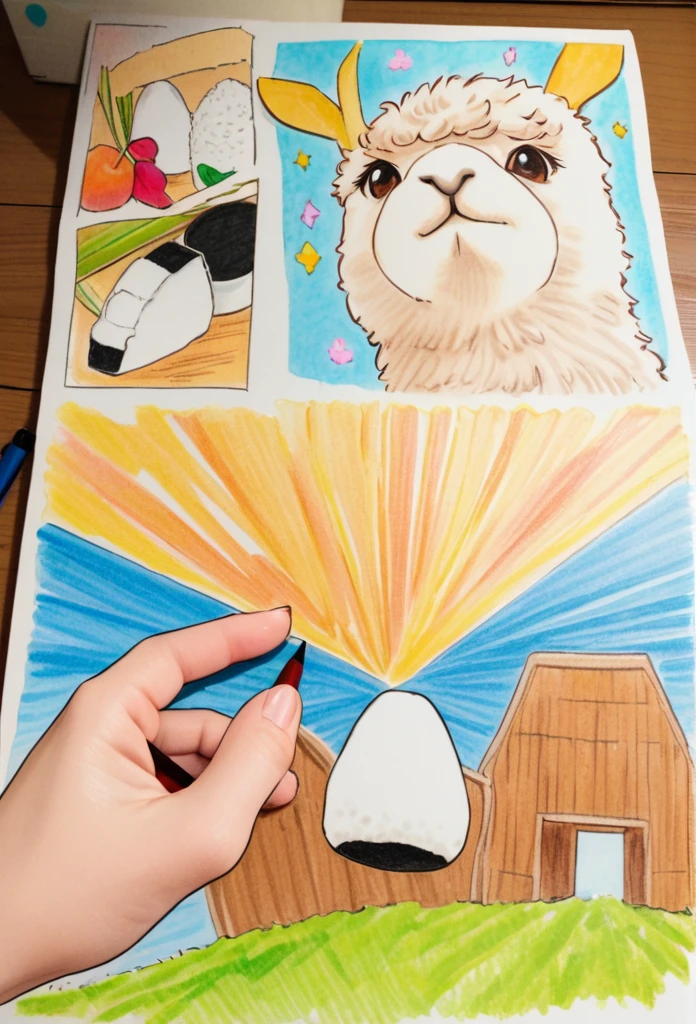 Alpaca Holding an Onigiri 、Art,ad,colour pencil drawing,draft drawing ,comic collage
