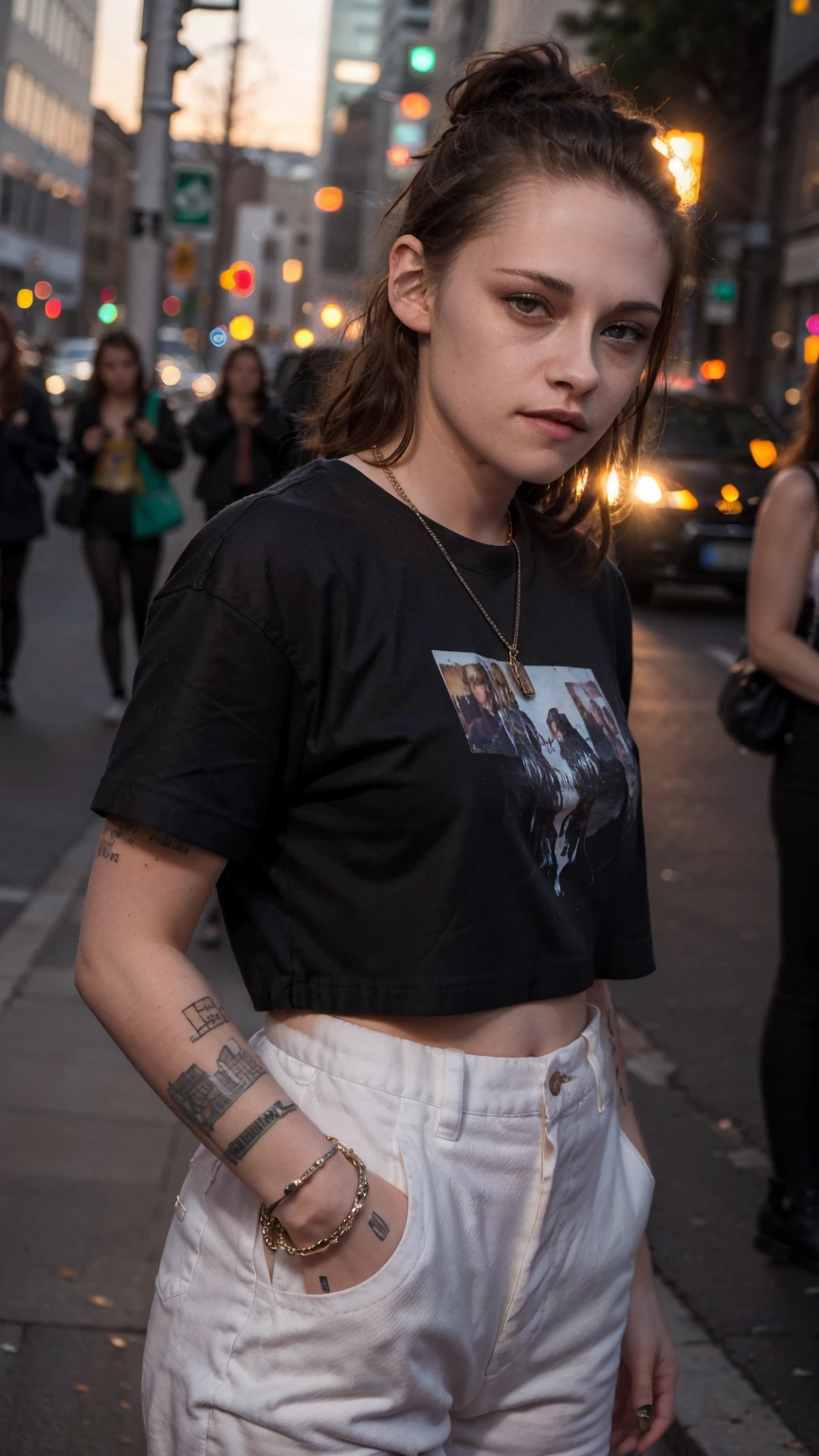 (masterpiece), (sunset), (on the street), (Kristen Stewart), (fashion outfit), (close up), (flashphoto), (flash photography),