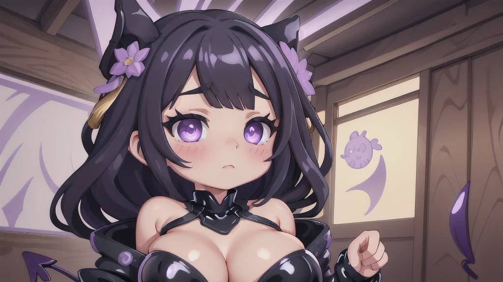 (best qualityer:1.3), (4K quality), Shinobu Kocho by Demon Slayer, (((purple and black hair))), ((face detailed)), ((curvy body)), (big boobies), cleaveage, sensuous, ((bidy latex neckline suit)), ((blush)), ((Covered area)),