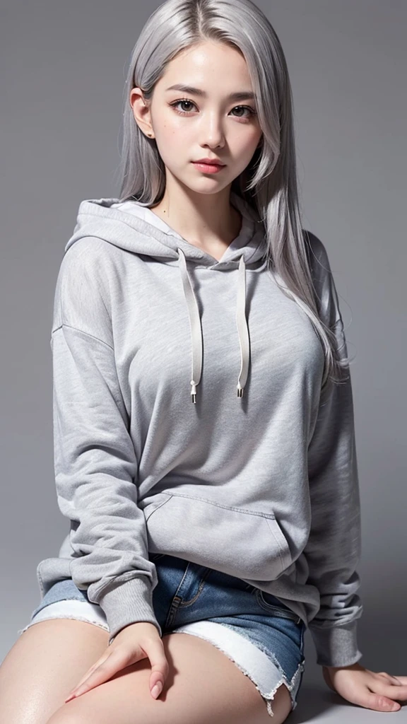 Realistic, masterpiece, Highest quality, Highest Resolution, Anatomically correct, Accurate Anatomy, (Gray blank background:1.3), (1girl:1.3), 20-year-old, Height: 165cm, Shot from thigh up, (Thick thighs:1.2), (Long Hair, Straight Hair, Silver Hair:1.3), (Squint your eyes, Sharp Eyes, (Iris:1.2)), (Hidden eyelid wrinkles:1.2), Thin eyebrows, Draw eyelashes carefully, Natural Makeup, Chin up, Grin, Slightly to the side, (White hoodie and denim hot pants:1.3), (バーカーのフードはかぶらない:1.3), (アントチェアに座って足を組んで:1.3)