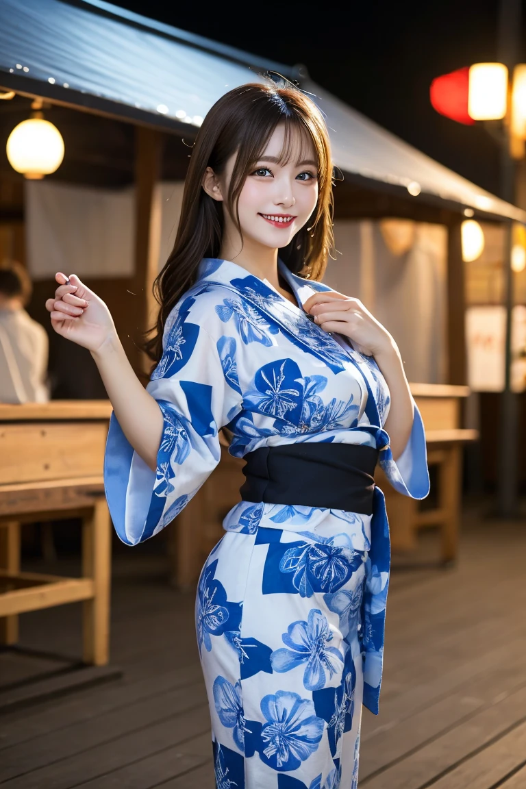 Summer festival stalls Frankfurt , Highest quality, shape, Very detailed, In detail, High resolution, 8k wallpaper, Perfect dynamic composition, Beautiful details, Natural Lip, Cute yukata, Big Breasts, She is smiling in a cute pose.., A masterpiece of the whole body, Full Body Shot