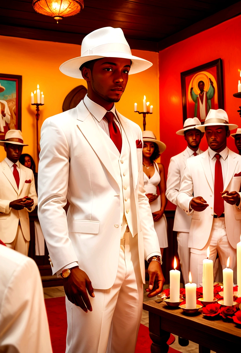 FEATURED ON A BLACK MULATTO MAN in a white suit and red tie, white PANAMA hat with a small brim, AT AN UMBANDA TURN WITH MANY MEN AND WOMEN IN WHITE CLOTHES IN A SIMPLE HOUSE ALL WHITE IN FRONT OF AN ALTAR WITH SOME IMAGES, CANDLES AND INCENSE. Retro color palettes, shallow depth of field, blurred background