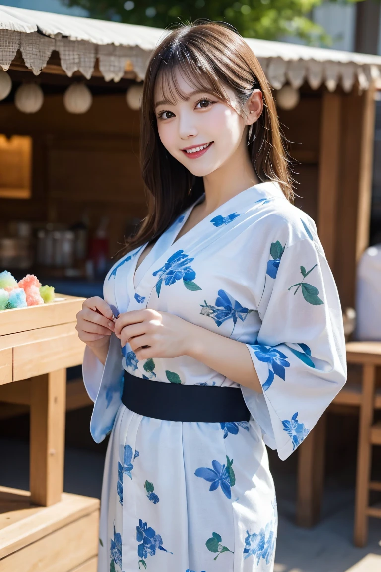 Summer festival stalls shaved ice , Highest quality, shape, Very detailed, In detail, High resolution, 8k wallpaper, Perfect dynamic composition, Beautiful details,  Natural Lip,Colorful and cute yukata, Big Breasts, She is smiling in a cute pose.., A masterpiece of the whole body, Full Body Shot