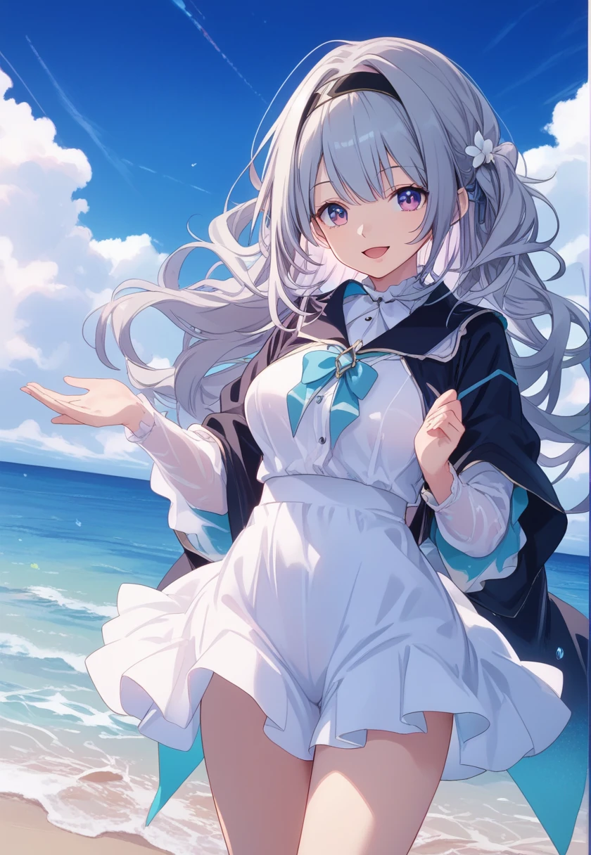 fire Fly_\(本Ocean:_star_rail\), One girl, black_hairband, gray_hair, length_hair, purple_eye, black_Jacket, length_sleeve, hair_between_eye, white_shirt, very_length_hair,Cowboy Shot Smile, Open your mouth, Spread your arms,Sandy Beach, ,Tshirt, whiteいTshirt, Medium bust, Nice hands, Perfect hands,Beautiful hands,whiteいスカート,Ocean