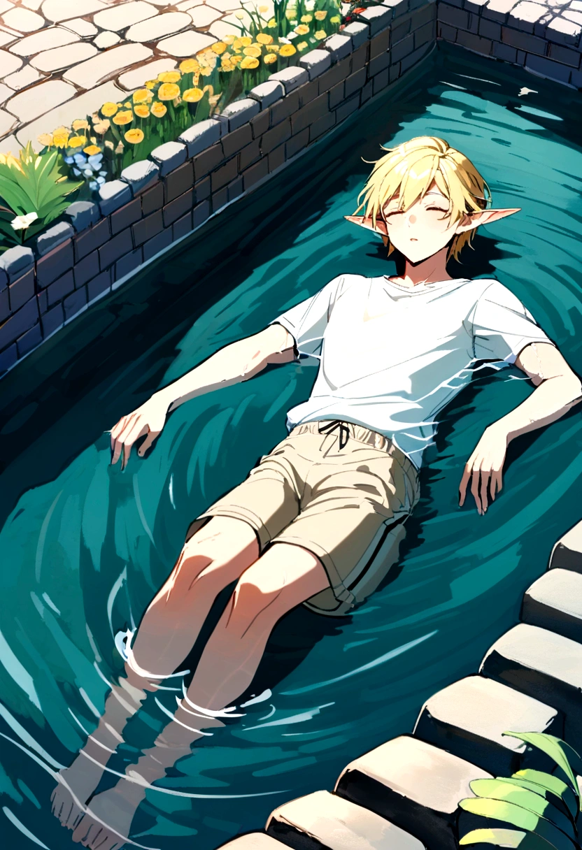 An elven man floating in water wearing only a simple white shirt and simple beige shorts,blonde elf man,Short Hair,Beautiful Water,Floating,relax,juvenile,youth,Pond surrounded by cobblestones
