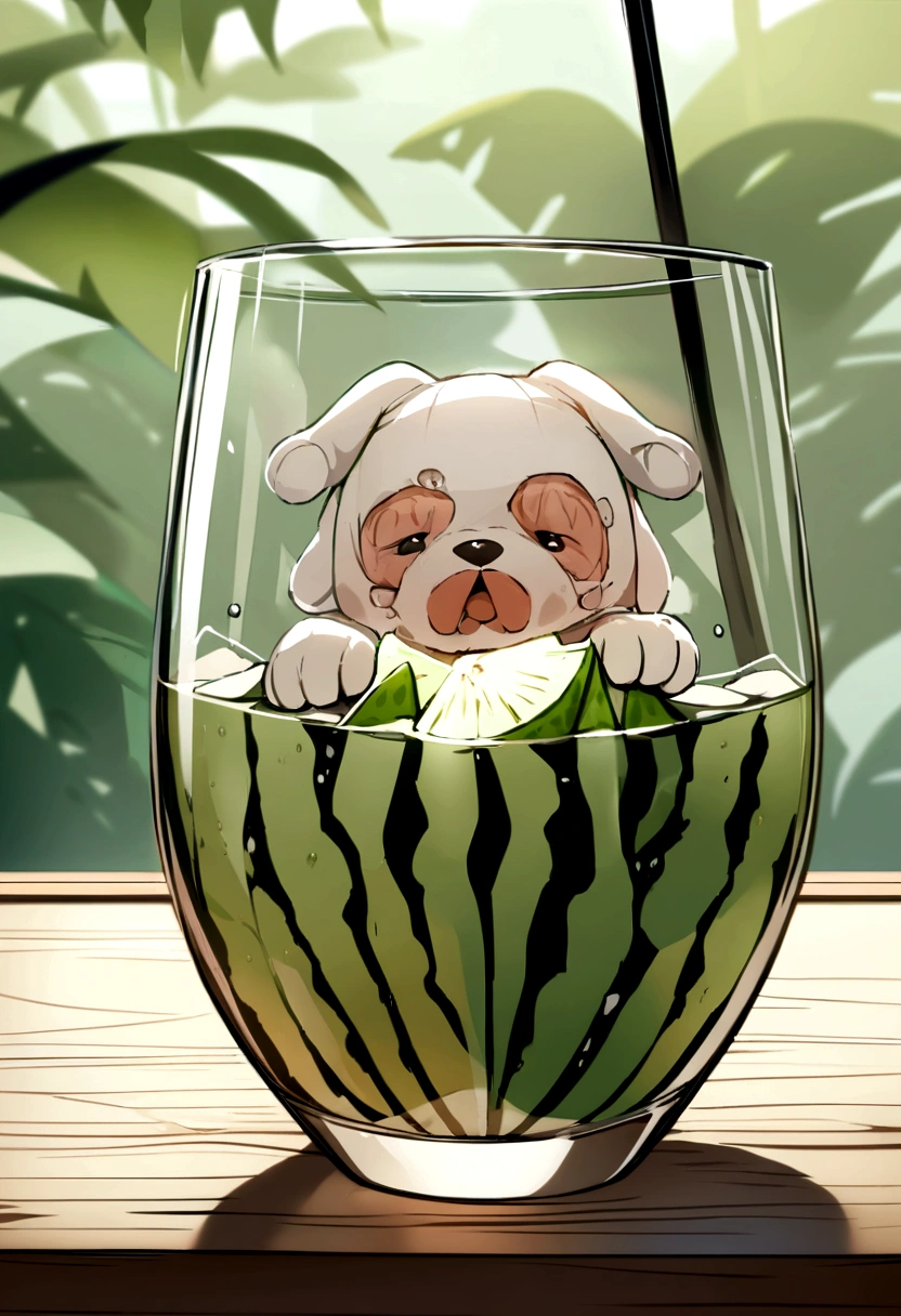 Glued puppy face parts on the side of the glass, clear glass fantastically, with straw, melon and soda inside, high quality