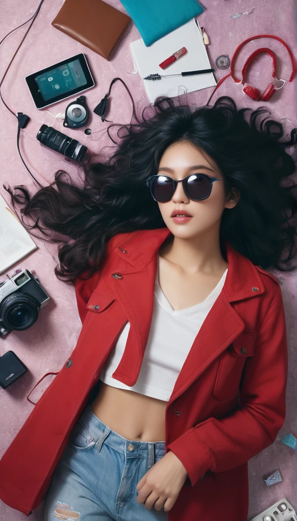 A captivating flat lay photograph of a young, fashionable woman lying on her back, surrounded by a collection of daily items. Her long, curly black hair cascades around her face, and she wears a red jacket with a silver "I <3 NY" t-shirt underneath. She dons wireless headphones and sunglasses, holding a digital camera over her chest. A guitar, DAP player, smartphone, laprop, and vinyl record are dispersed around her, reflecting a blend of old and new. The background features vibrant teal and purple fabrics, creating a cozy, artistic atmosphere. The soft, natural lighting suggests an indoor setting illuminated by daylight., photo
