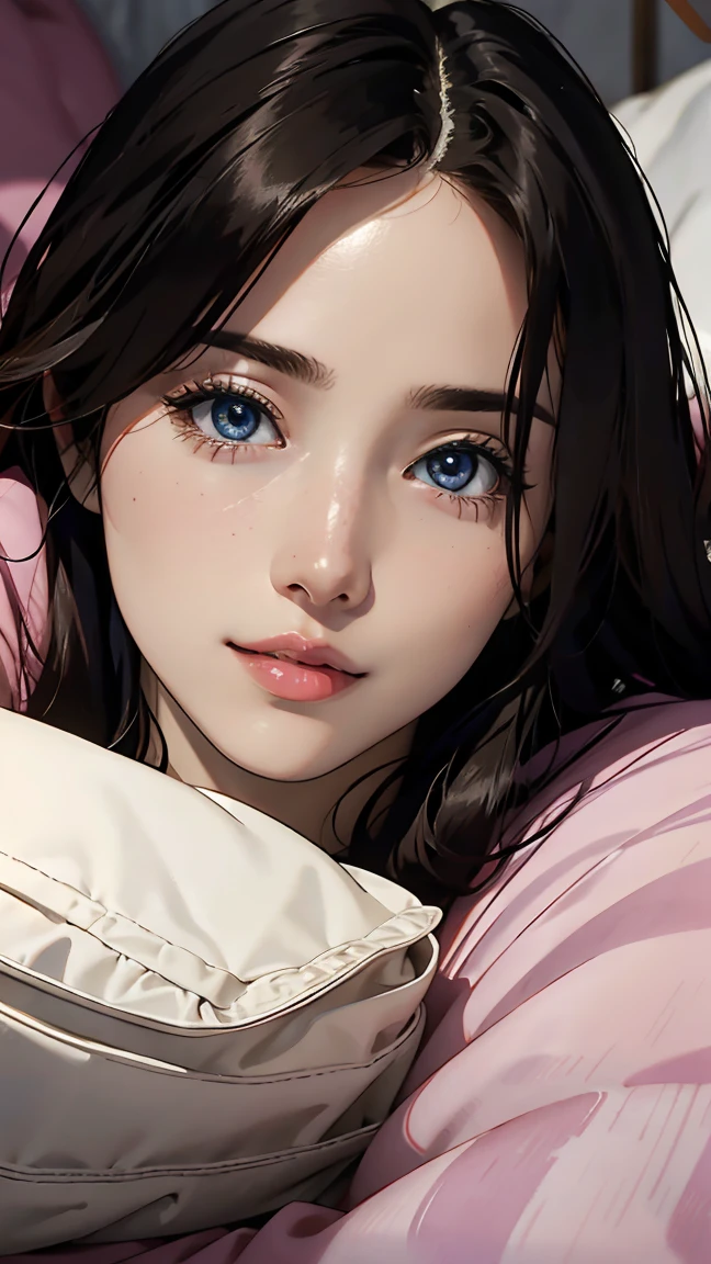 nikon RAW photo, 8 k'', Fujifilm XT3, Masterpiece, Shirt pink quality, Realistic, Photorealistic, (Lying in bed), (sheets), (lie on pillows), (pervert smirk: 1.1), Best quality, (Detailed facial features), (eyeslashes: 1.1), (Depth of field: 1.1), (color difference: 1.1), (Caustics: 1.1) Goddess, full body, 