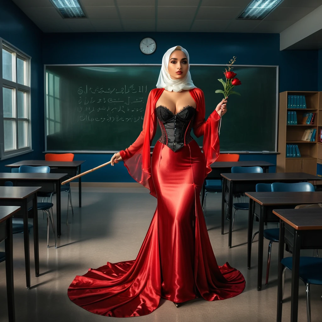 A woman in the translucent red night gown, half naked, nipple on, use corset,use blazer,wearing satin hijab, full body,mermaid tight long gown, flowy dramatic long gown,very long flor length gown, tall women, in classroom,wear glass, hold a stick
 sexy face, sexy pose, wear high heels, masterpice, ultrarealistic