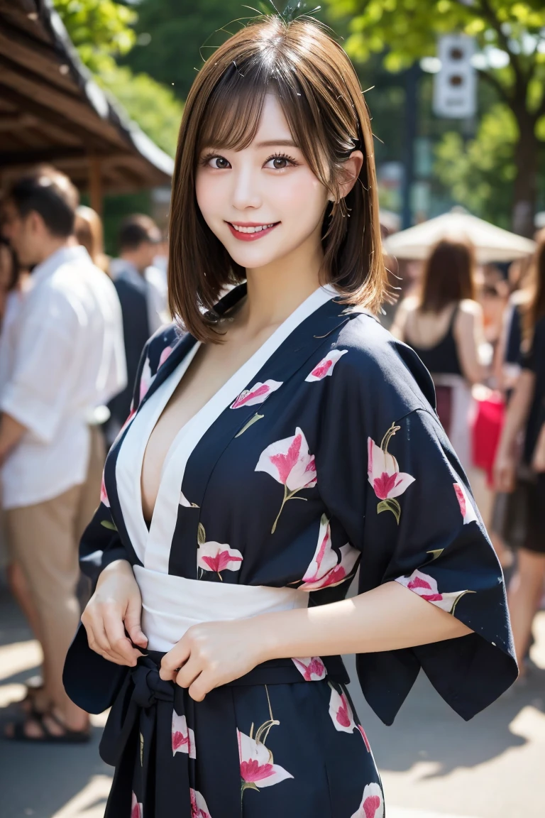 Summer festival stalls Frankfurt , Highest quality, shape, Very detailed, In detail, High resolution, 8k wallpaper, Perfect dynamic composition, Beautiful details,  Natural Lip, Colorful and cute yukata, Big Breasts, She is smiling in a cute pose.., A masterpiece of the whole body, Full Body Shot