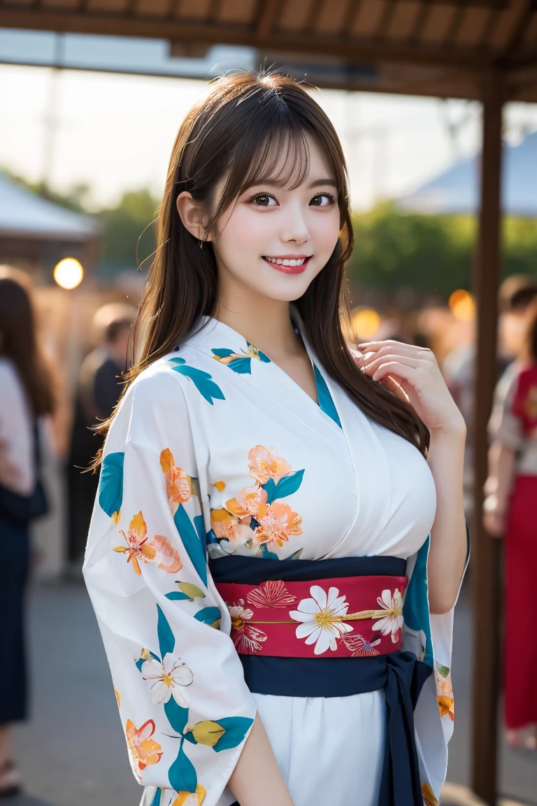 Summer festival stalls Frankfurt , Highest quality, shape, Very detailed, In detail, High resolution, 8k wallpaper, Perfect dynamic composition, Beautiful details,  Natural Lip, Colorful and cute yukata, Big Breasts, She is smiling in a cute pose.., A masterpiece of the whole body, Full Body Shot