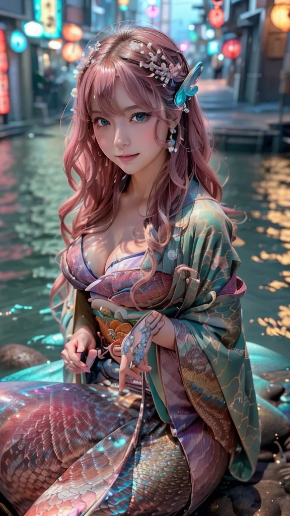 (super realistic photorealistic image:1.5), (cute and beautiful face, pink wavy hair, soft and light blue eyes that exude warmth and tenderness, tight body, covered with fish scales to emphasize her mermaid status, large and graceful fish tail in place of legs, which are also covered with scales and fused with cyberpunk electronics and tubes, elegantly dressed in a revealing kimono with traditional Japanese patterns:1.5) also covered with scales and fused with cyberpunk electronics and tubes:1.5), elegantly dressed in a revealing kimono decorated with traditional Japanese patterns (she sits seductively on a rock by the sea:1.5), and in the background a distant neo-Tokyo cityscape lit by neon lights, lighting, The colors and mood of the scene are powerful and cinematic, with the beautiful seaside scenery and the soft glow of the city lights creating a fantastic atmosphere, the design and details are ultra-clear and detailed, emphasizing the mermaid-like appearance with prominent fish tail, shimmering skin scales and cyborg elements, the image is top quality and ultra-realistic Photographs of the highest quality