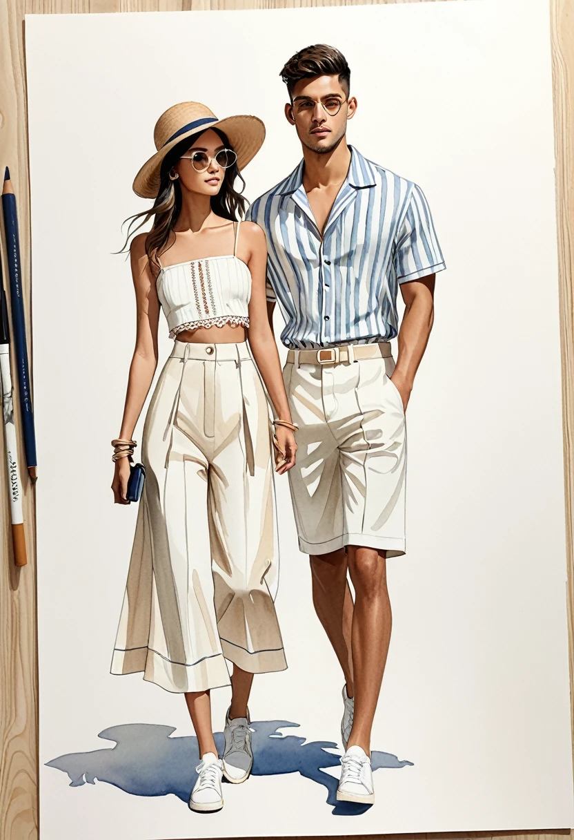 candid fashion illustration of young Mixed race man and woman, both aged 25 year old, ((showcase fashion look book in mixed pale Earth-tone outfits)), inspired by Jacquemus's resort collection 2022, in elegant young chic nautica style. The man wears an oversized short-sleeved stripe shirt lace details, paired with relaxed-fit white Wide Leg short pants, comfortable and a classic silhouette. He completes his look with white sneakers and round glasses. The woman complements him in a white mini sun-dress, in cotton woven fabric frill-trimmed neckline with minimal lace detail, Her ensemble includes an accessorizes with a brimmed straw hat, white sneakers, Captured in a dynamic angle, ((full-body image)), ((imperfect pale water color background)), sketching, realistic drawing, imperfect water color drawing, fashion look book, fashion illustrator, sketch design, Chic Boho, water color palette, wooden.