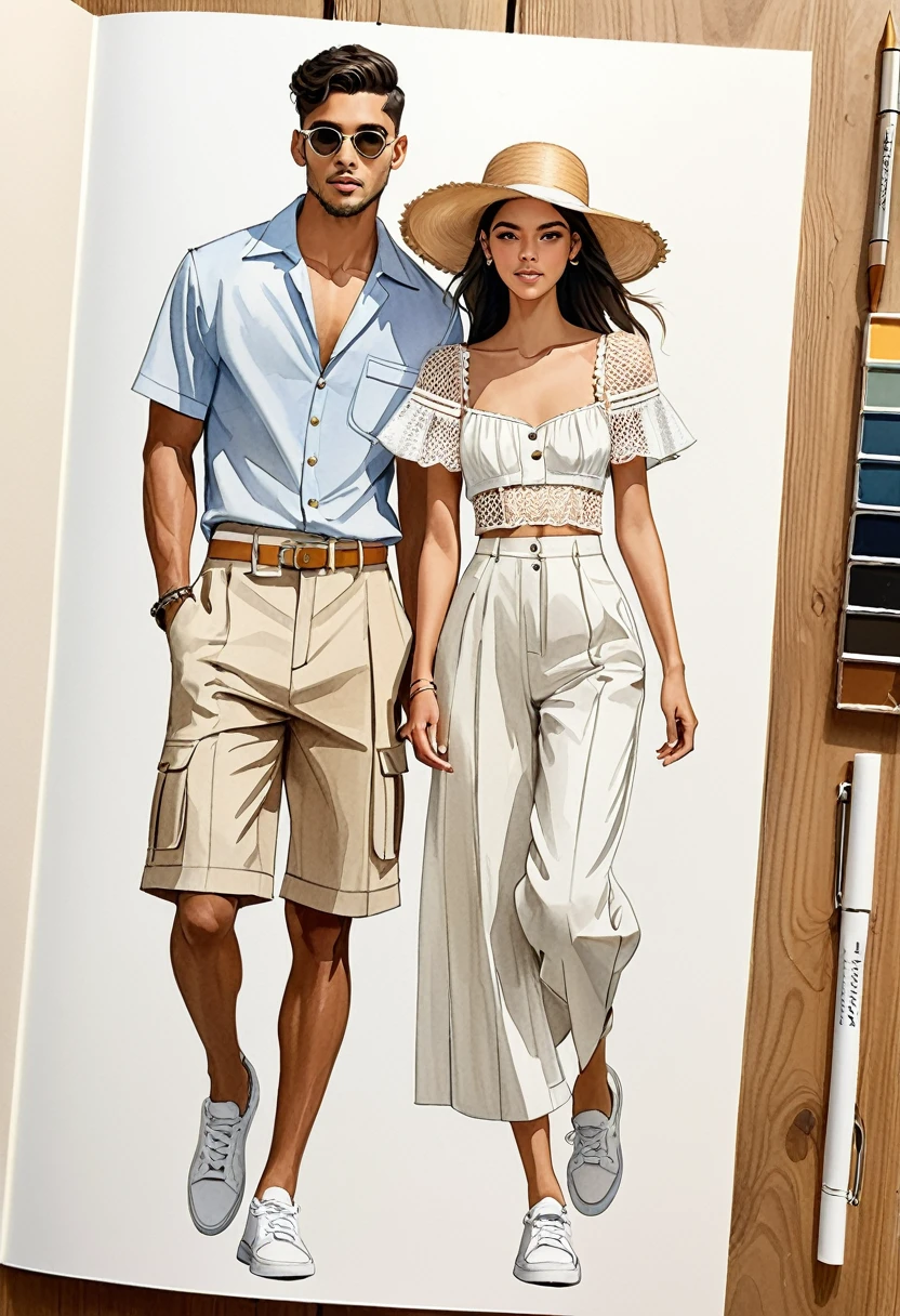 candid fashion illustration of young Mixed race man and woman, both aged 25 year old, ((showcase fashion look book in mixed pale Earth-tone outfits)), inspired by Jacquemus's resort collection 2022, in elegant young chic nautica style. The man wears an oversized short-sleeved stripe shirt lace details, paired with relaxed-fit white Wide Leg short pants, comfortable and a classic silhouette. He completes his look with white sneakers and round glasses. The woman complements him in a white mini sun-dress, in cotton woven fabric frill-trimmed neckline with minimal lace detail, Her ensemble includes an accessorizes with a brimmed straw hat, white sneakers, Captured in a dynamic angle, ((full-body image)), ((imperfect pale water color background)), sketching, realistic drawing, imperfect water color drawing, fashion look book, fashion illustrator, sketch design, Chic Boho, water color palette, wooden.