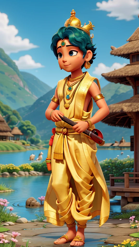 Generate an image of Lord Krishna standing gracefully by the serene river Yamuna, playing his enchanting flute. He is wearing a vibrant yellow dhoti and a crown made of peacock feathers. His skin is a deep blue, and he is surrounded by mesmerized cows and gopis (village girls), who are captivated by his music. The background is lush with greenery and blooming flowers, with a golden glow of the setting sun.
