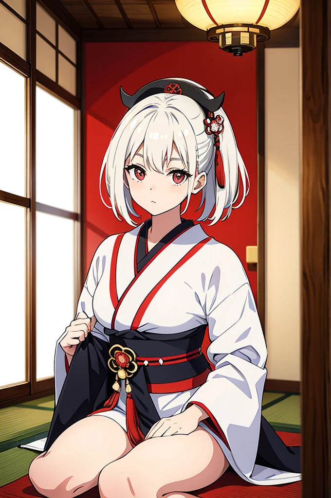 Geisha with white, tied hair sitting inside a traditional Japanese room and a circular window