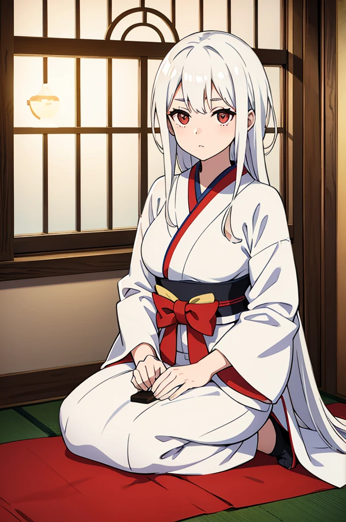 Geisha with white, tied hair sitting inside a traditional Japanese room and a circular window
