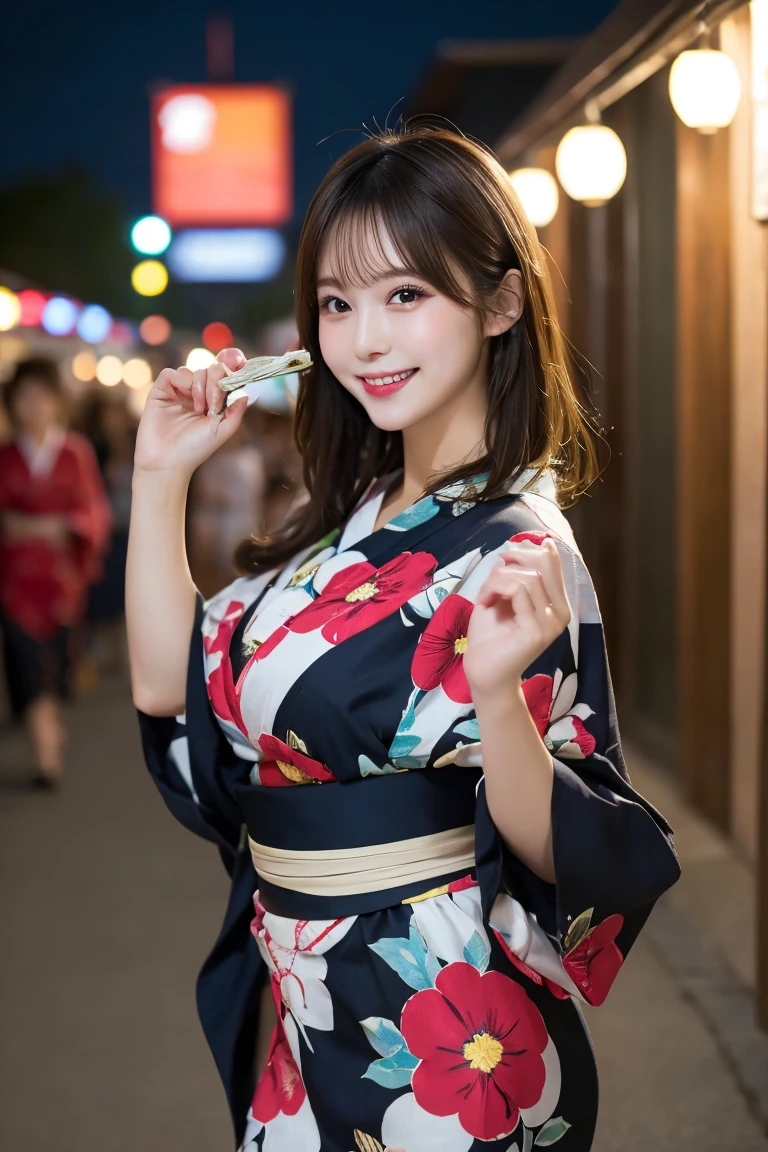 Summer festival stalls night , Highest quality, shape, Very detailed, In detail, High resolution, 8k wallpaper, Perfect dynamic composition, Beautiful details, Natural Lip,Colorful and cute yukata, Big Breasts, She is smiling in a cute pose.., A masterpiece of the whole body, Full Body Shot