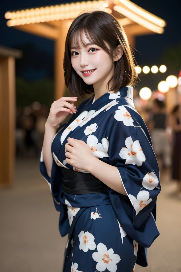 Summer festival stalls night , Highest quality, shape, Very detailed, In detail, High resolution, 8k wallpaper, Perfect dynamic composition, Beautiful details, Natural Lip,Colorful and cute yukata, Big Breasts, She is smiling in a cute pose.., A masterpiece of the whole body, Full Body Shot