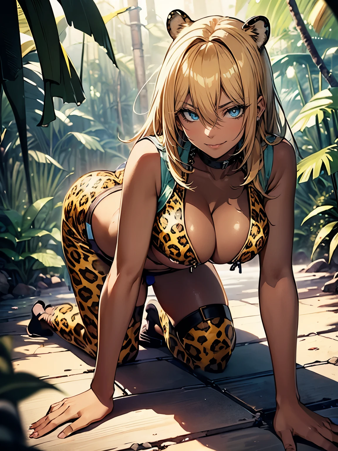 ((Seductive lady:1.3, solo:1.5))、((fusion of leopard and lady:1.4))、((all fours, full body))、((yellow color, spats:1.2))、((dark skin))、blonde hair、((looking up at viewer))、((from above:1.2))、((wild:1.3))、((Being in jungle:1.3))、erect nipples、((underboob:1.3))、((crop top navel:1.2))、((cleavage))、((Slender body))、((sleeveless:1.2))、((collarbone))、((Glossy realistic skin texture))、((shiny skin))、masterpiece, ultra-detailliert, 8k, hiquality, Top image quality, Smooth texture、watercolor
