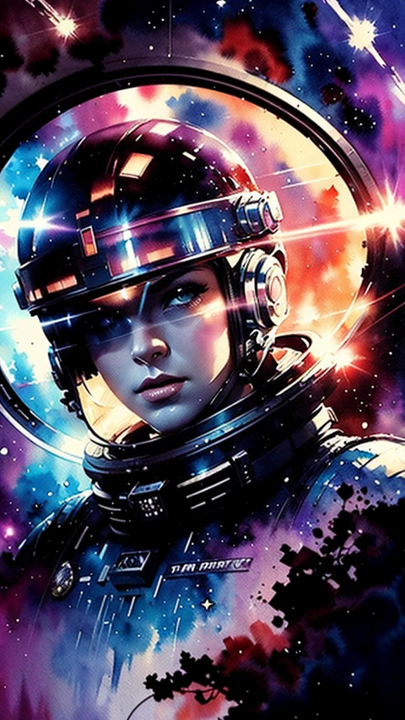 one woman, beautiful face, perfect body, in space, short red hair, ponytail (hairstyle), green eyes, masterpiece, top quality, best quality, extremely detailed, as detailed as possible, official art, beautiful and aesthetically pleasing, colorful, a space ship, green space suit, sun rays, in room, (wires and cables:1.1), (Science fiction:1.2), porthole, illuminator, stars, Fantasy, high contrast, explosions, overexposure, Impression of purple and red tones , abstract, ((watercolor painting by John Berkey and Jeremy Mann )), negative space