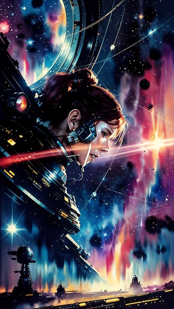 one woman, beautiful face, perfect body, in space, short red hair, ponytail (hairstyle), green eyes, masterpiece, top quality, best quality, extremely detailed, as detailed as possible, official art, beautiful and aesthetically pleasing, colorful, a space ship, green space suit, sun rays, in room, (wires and cables:1.1), (Science fiction:1.2), porthole, illuminator, stars, Fantasy, high contrast, explosions, overexposure, Impression of purple and red tones , abstract, ((watercolor painting by John Berkey and Jeremy Mann )), negative space