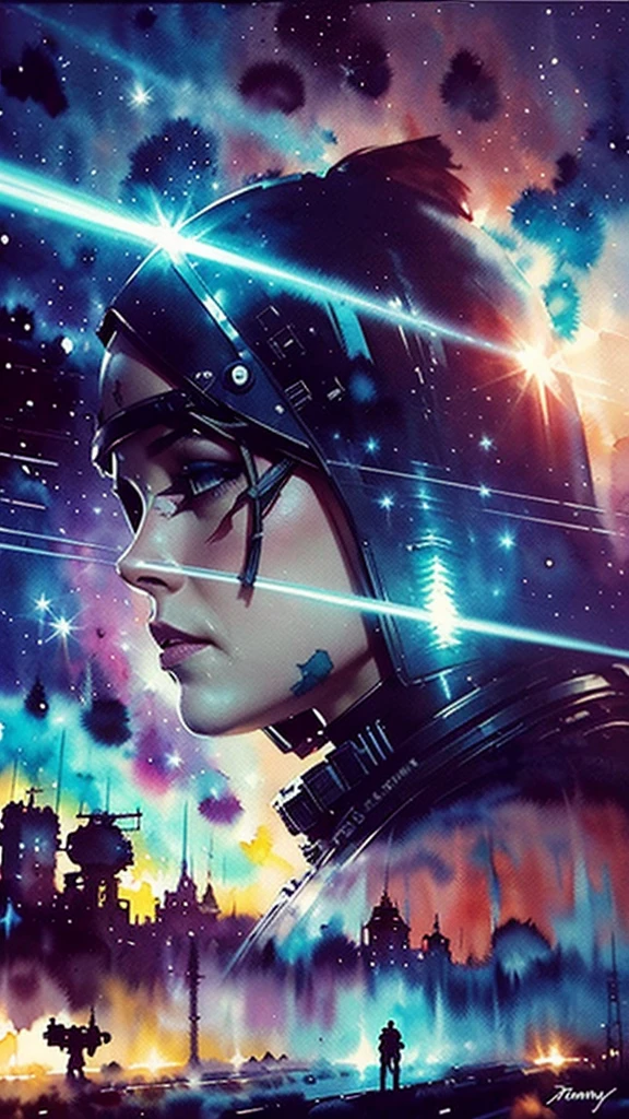 one woman, beautiful face, perfect body, in space, short red hair, ponytail (hairstyle), green eyes, masterpiece, top quality, best quality, extremely detailed, as detailed as possible, official art, beautiful and aesthetically pleasing, colorful, a space ship, green space suit, sun rays, in room, (wires and cables:1.1), (Science fiction:1.2), porthole, illuminator, stars, Fantasy, high contrast, explosions, overexposure, Impression of purple and red tones , abstract, ((watercolor painting by John Berkey and Jeremy Mann )), negative space