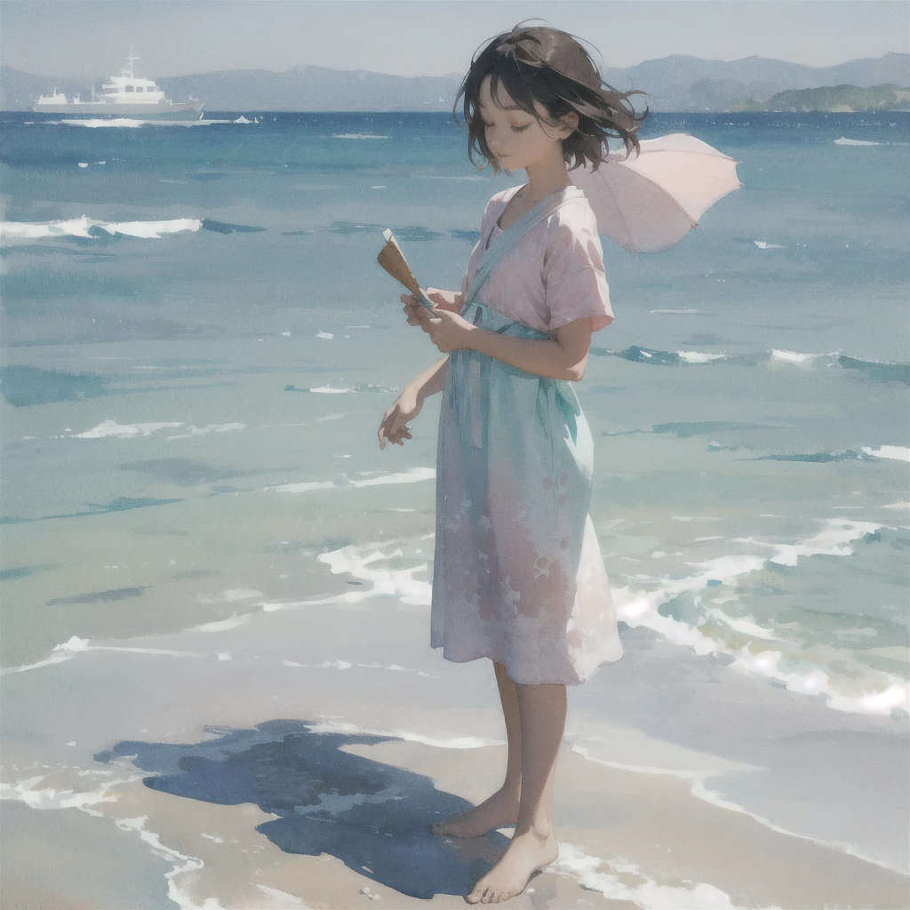Tranquil voyager girl, in watercolor style, Photorealism, discreet pink and mint shades, barefoot