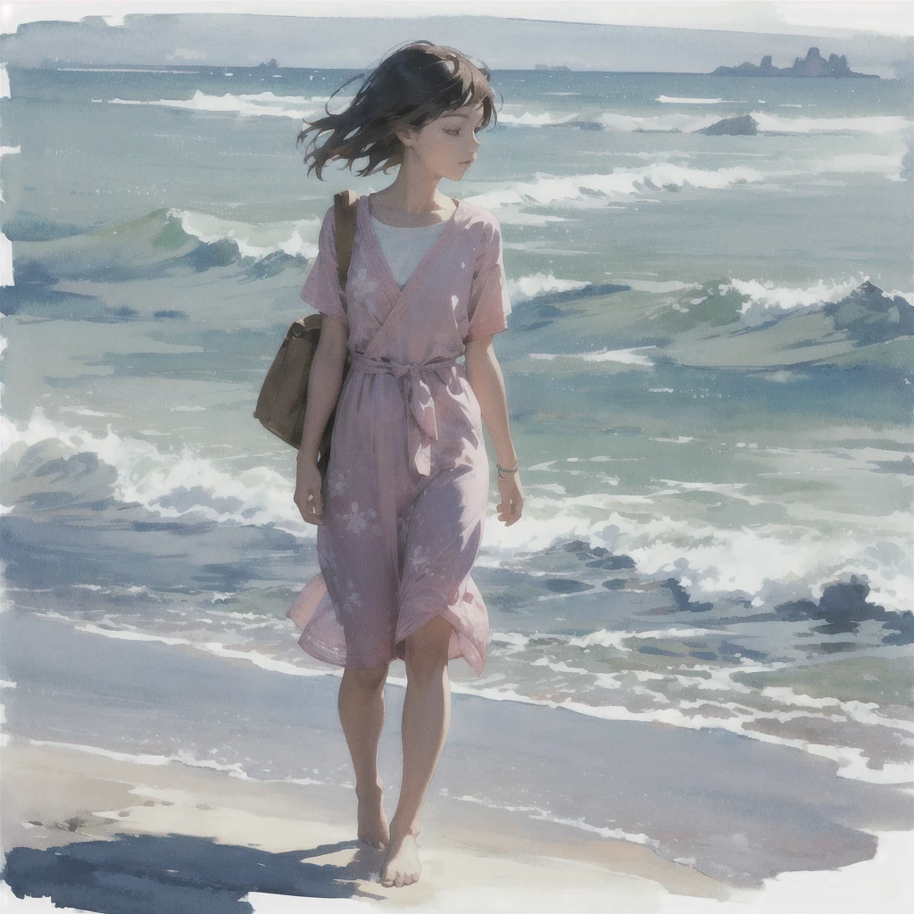 Tranquil voyager girl, in watercolor style, Photorealism, discreet pink and mint shades, barefoot