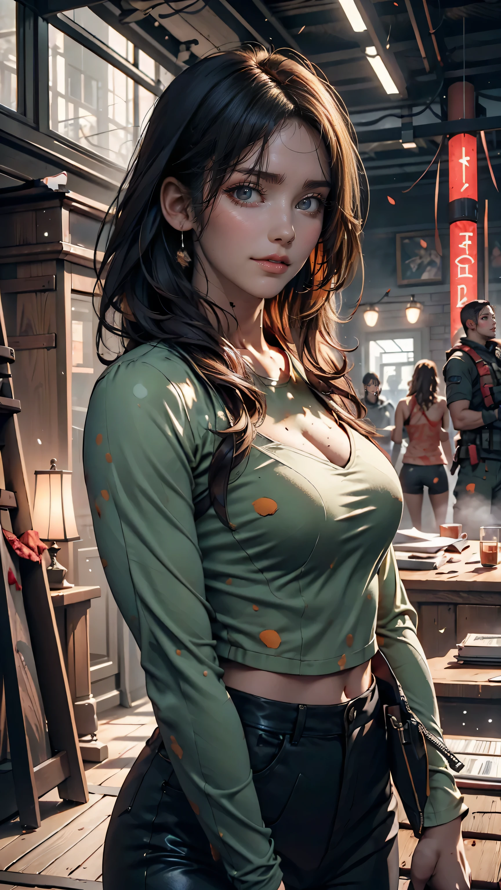 Jennifer Lawrence in a Special Forces costume, natural breasts, high resolution, realist art, fighting zombies, 1 mature female, a mature woman, standing alone, on the roof, green blood splatter, serious face, Ray tracing with mouth closed, perfect lighting, perfect detail,