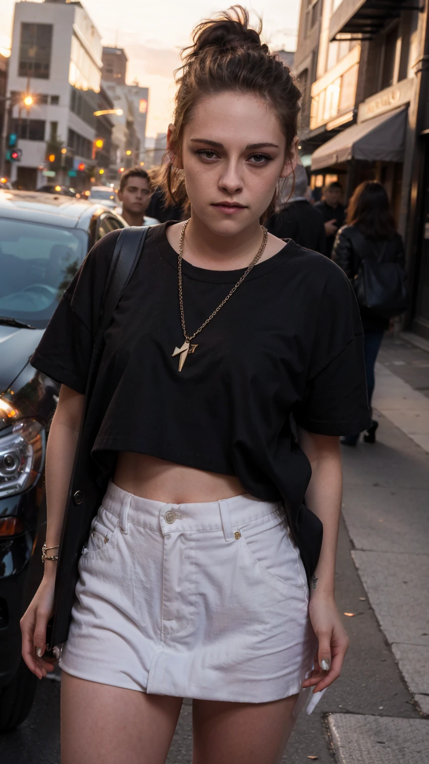 (masterpiece), (sunset), (on the street), (Kristen Stewart), (fashion outfit), (close up), (flashphoto), (flash photography),