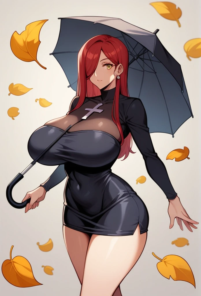 Parasoul, mature woman, long legs,sexy ,short little dress,coto vaste dress,tiny dress ,long tight sleeves, ultra black dress ,semi-exposed thighs ,medium hips, exuberantly giant breasts, inverted cross figure on the chest, holding an umbrella in hand, big black umbrella, golden yellow leaves, one eye covered, Red hair, 