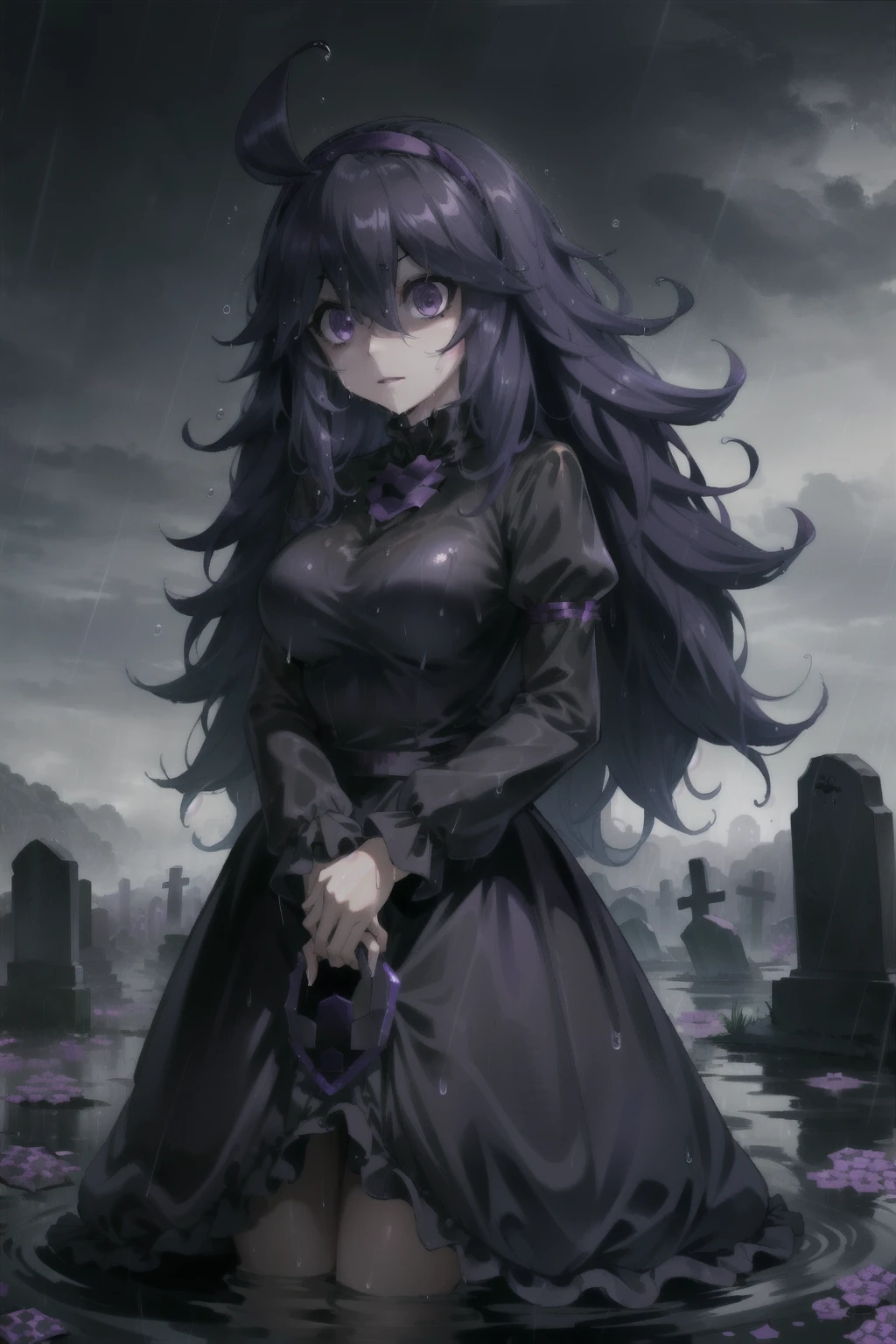 (masterpiece, best quality),  intricate details,
1girl,     (hex maniac:1.5), hairband, messy hair, (purple eyes:1.1), purple hair, purple hairband, @ @,, black dress, dress, long dress, long sleeves, juliet sleeves,
outdoors, rain, graveyard, wet clothes, wet hair,