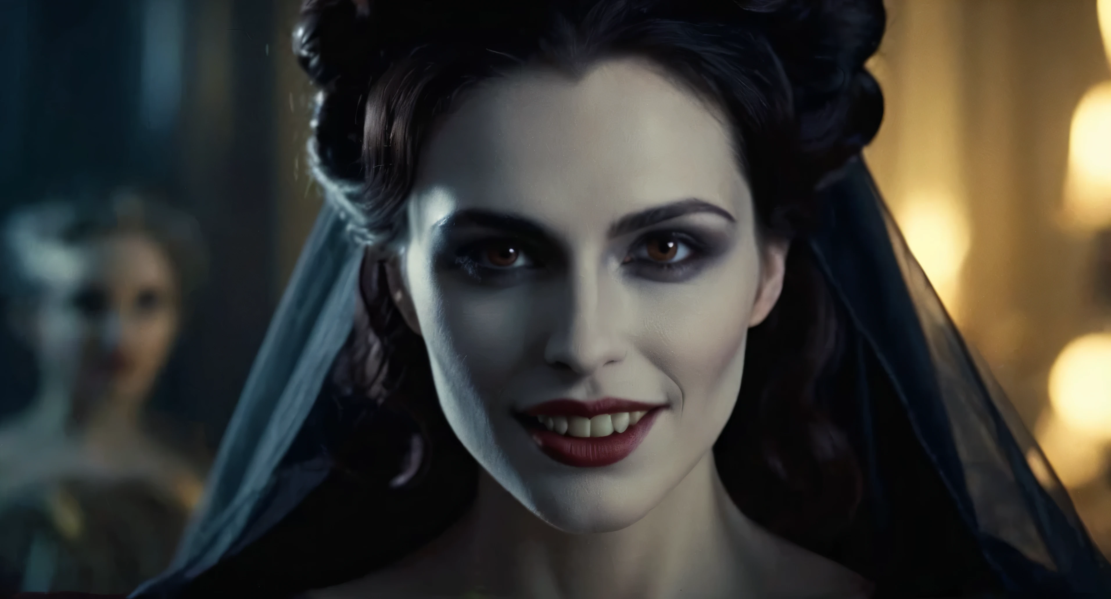 Dark Fantasy Art of (Cinematic Film stock footage style) in (arri alexa style) (Kodak film print style), hyperrealism
 Female Vampire a woman with a very big grin on her face and with a vampire makeup, dark, moody, dark fantasy style