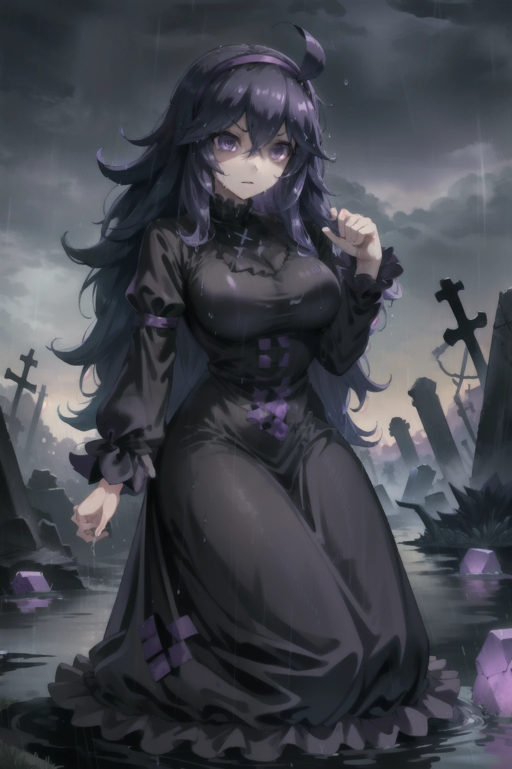 (masterpiece, best quality),  intricate details,
1girl,     (hex maniac:1.5), hairband, messy hair, (purple eyes:1.1), purple hair, purple hairband, @ @,, black dress, dress, long dress, long sleeves, juliet sleeves,
outdoors, rain, graveyard, wet clothes, wet hair,