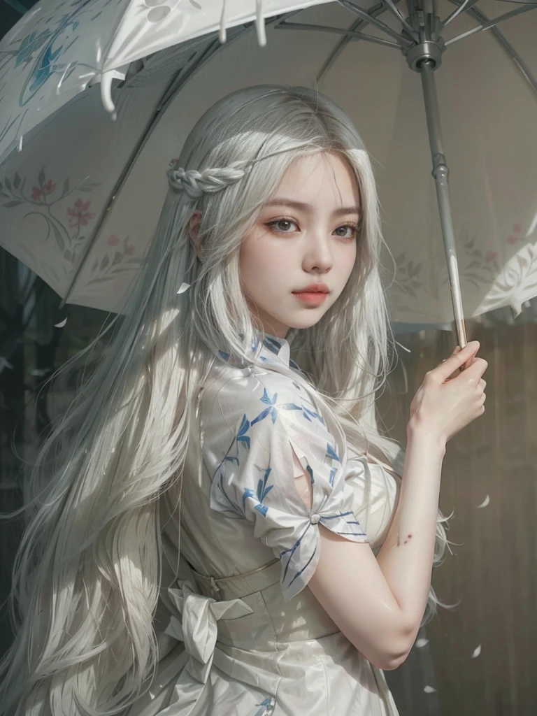 a close up of a woman with long white hair holding an umbrella, artwork in the style of guweiz, guweiz, Guweiz Masterpiece, guweiz and artstation pixiv, guweiz and pixiv artstation, beautiful character painting, Beautiful digital artwork, girl with white hair, with long white hair, flowing white hair