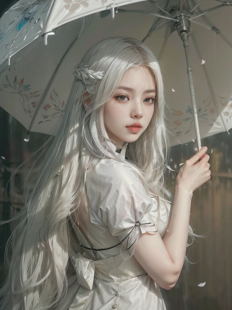 a close up of a woman with long white hair holding an umbrella, artwork in the style of guweiz, guweiz, Guweiz Masterpiece, guweiz and artstation pixiv, guweiz and pixiv artstation, beautiful character painting, Beautiful digital artwork, girl with white hair, with long white hair, flowing white hair