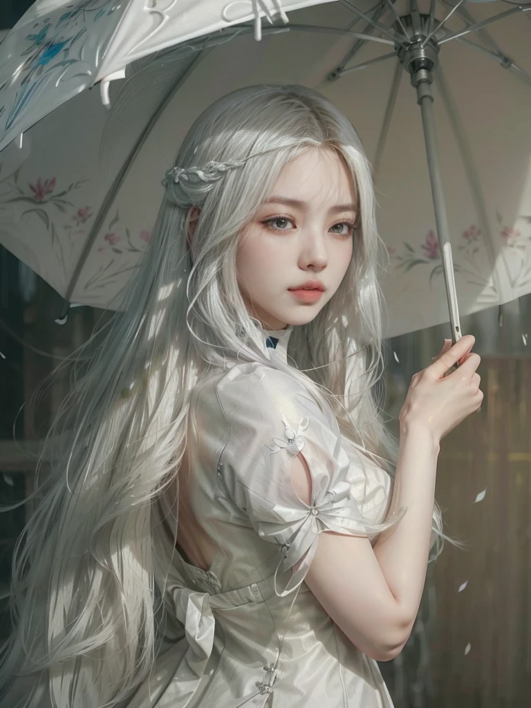 a close up of a woman with long white hair holding an umbrella, artwork in the style of guweiz, guweiz, Guweiz Masterpiece, guweiz and artstation pixiv, guweiz and pixiv artstation, beautiful character painting, Beautiful digital artwork, girl with white hair, with long white hair, flowing white hair