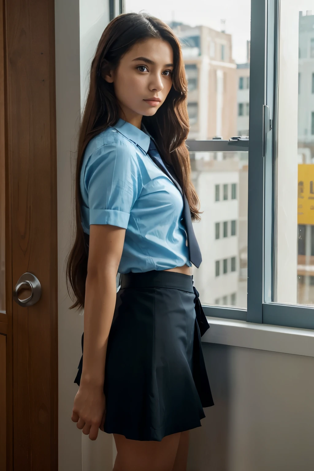 masterpiece, best quality:1.2), (realisticlying:1.4), 1girl, beautiful skin (bright skin), shy, window, long hair, light blue shirt with tie, black skirt, standing