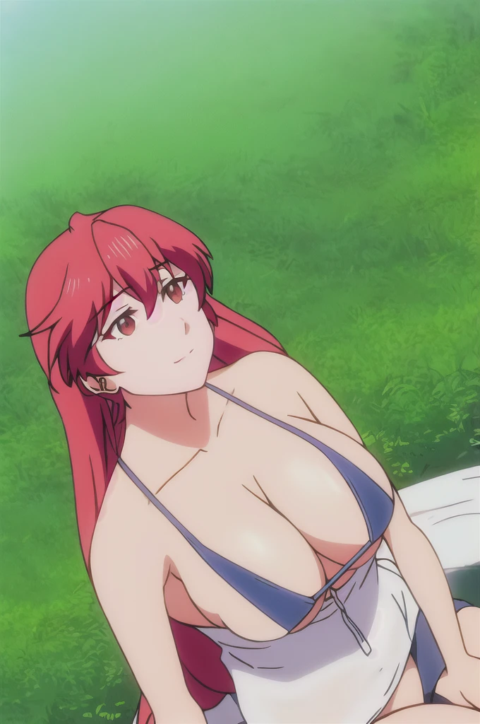 maria, 1girl, solo, long_hair, bangs, red_eyes, hair_between_eyes, red_hair, sitting_on_ground, flower_field, microbikini, breastsout, bare shoulder, huge tits