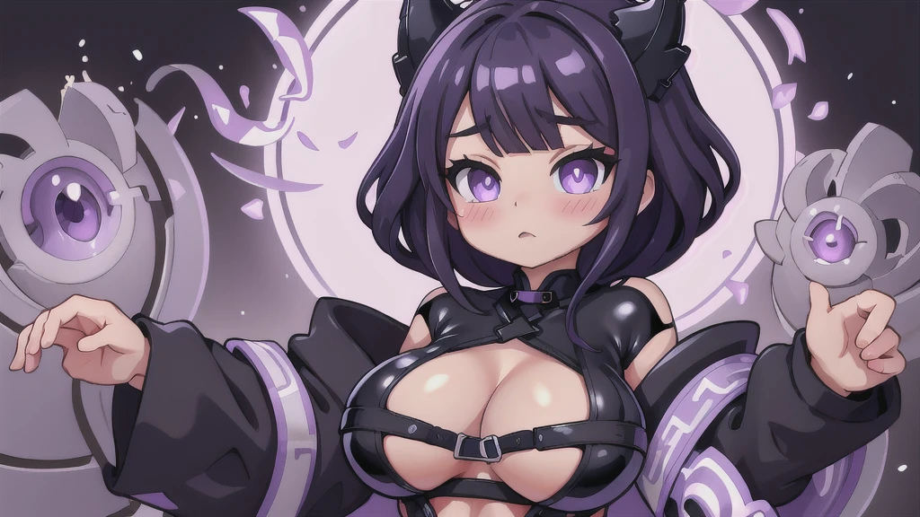 (best qualityer:1.3), (4K quality), Shinobu Kocho by Demon Slayer, (((purple and black hair))), ((face detailed)), ((curvy body)), (big ), cleaveage, sensuous, ((bidy latex neckline suit)), ((blush)), ((Covered area)),