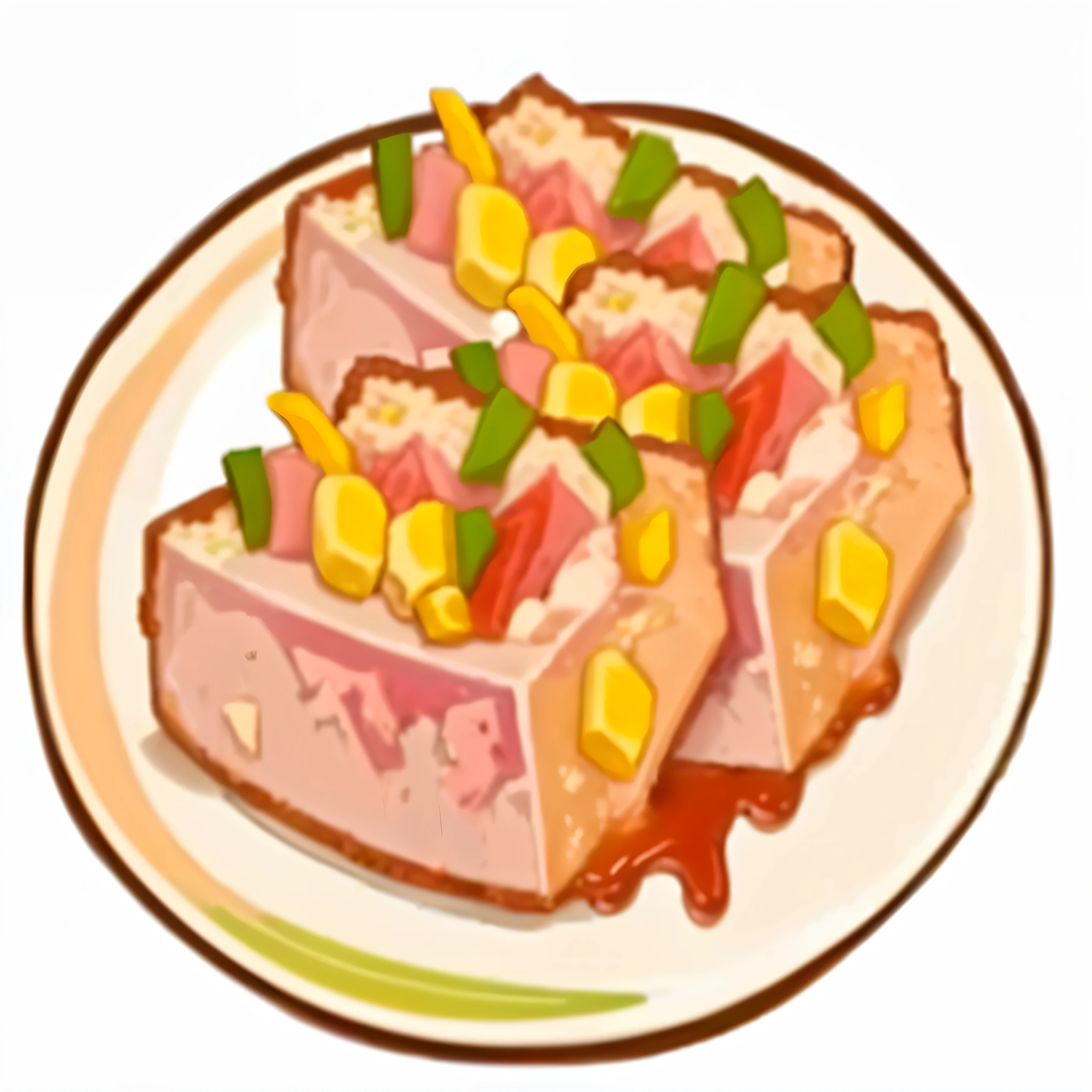 A plate of food with meat and vegetables, ASP, Map tofu cartoon, Sauce, Pastel, delicious food, corn, recipe, cake, No gradient, 2 5 6 x 2 5 6 pixels, salad, (Art Station), ASP on plate, Anime Food, jelly, 2 d cg, Created using Adobe Illustrator