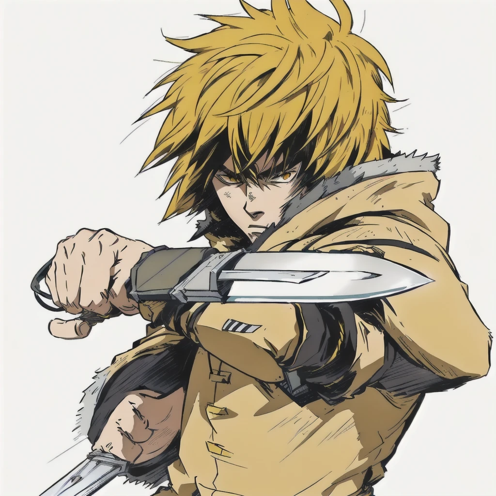 anime character with yellow hair holding a knife in his hand, kentaro miura manga art style, portrait of ninja slayer, key anime art, high quality colored sketch, striking manga artstyle, badass pose, best anime character design, advanced digital anime art ”, ichigo kurosaki, dio brando, genos, shigenori soejima illustration, trigger anime artstyle, thorfinn