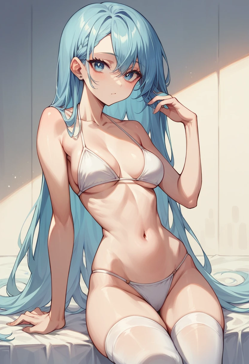 shorth hair, slim, , big hip, turned, stockings brancas, blue colored eyes, white bikini 