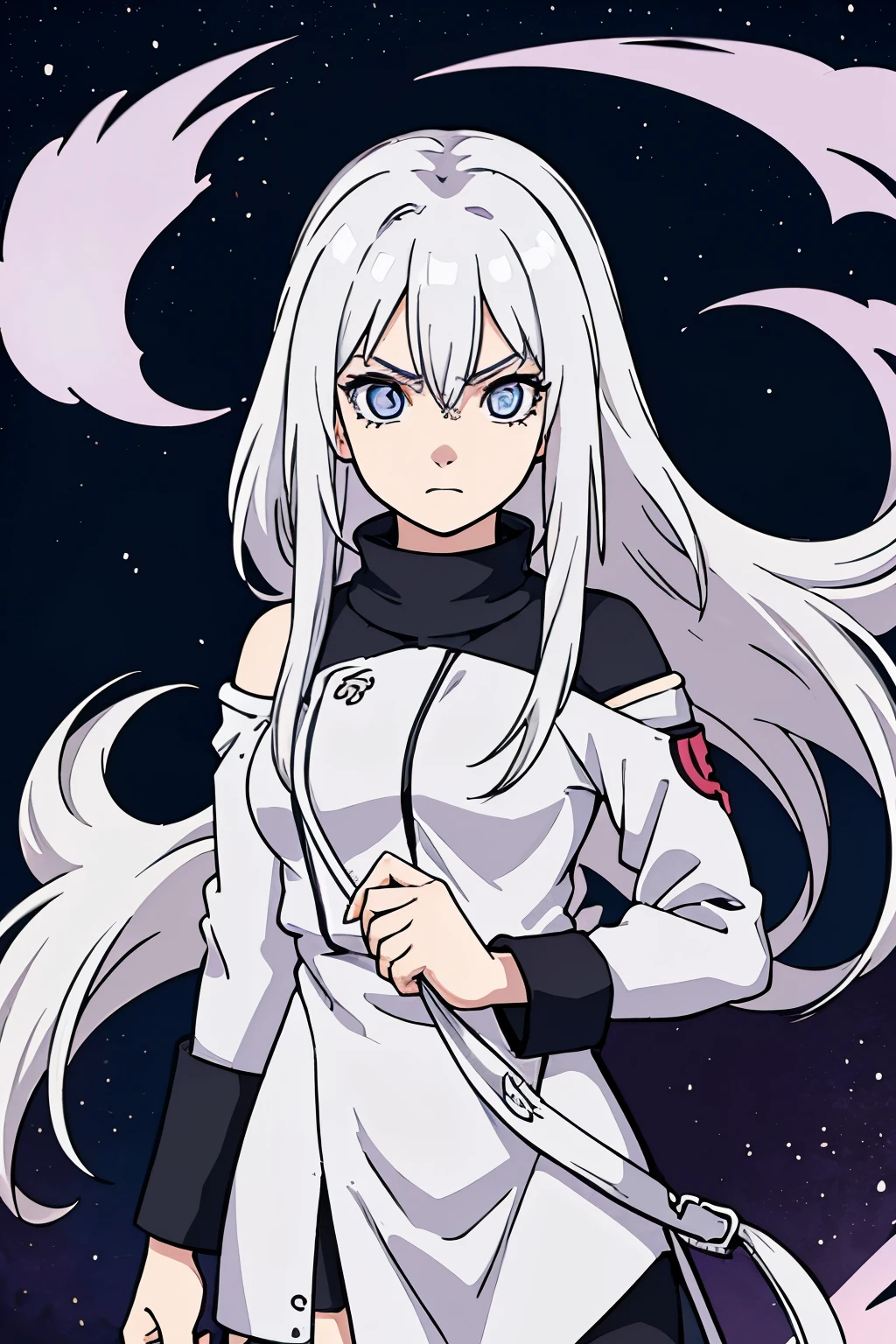 (high-quality, breathtaking),(expressive eyes, perfect face) portrait, Symmetrical Eyes, 1girl, solo, , short height, white hair, white coloured eyes, byakugan, anime naruto art style, long hair, fluffy hair, feminine face, sky background, moon, open field background, stars, trees, detailed eyes, hyuga, Ōtsutsuki, naruto ninja attire, neutral expression, soft smile, purple and black clothing, white trim, long sleeves, white dress, hair between eyes, bare shoulders, jacket
