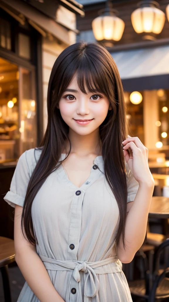 Cute girl working at a cafe terrace　Japanese　１９age　
Professional Lighting　Digital SLR　Beautiful and elaborate face　Perfect and beautiful face　Big eyes Smile